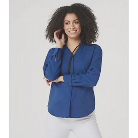 Elizabeth & Clarke Button-Front Tie Collar Top Navy Black A353170 Women Plus 26W - Picture 1 of 3